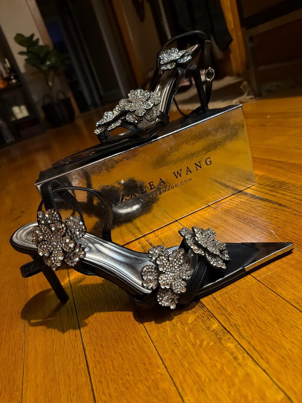Azalea Wang Black High Heel Sandals Rhinestone Floral Embellished - Picture 1 of 5